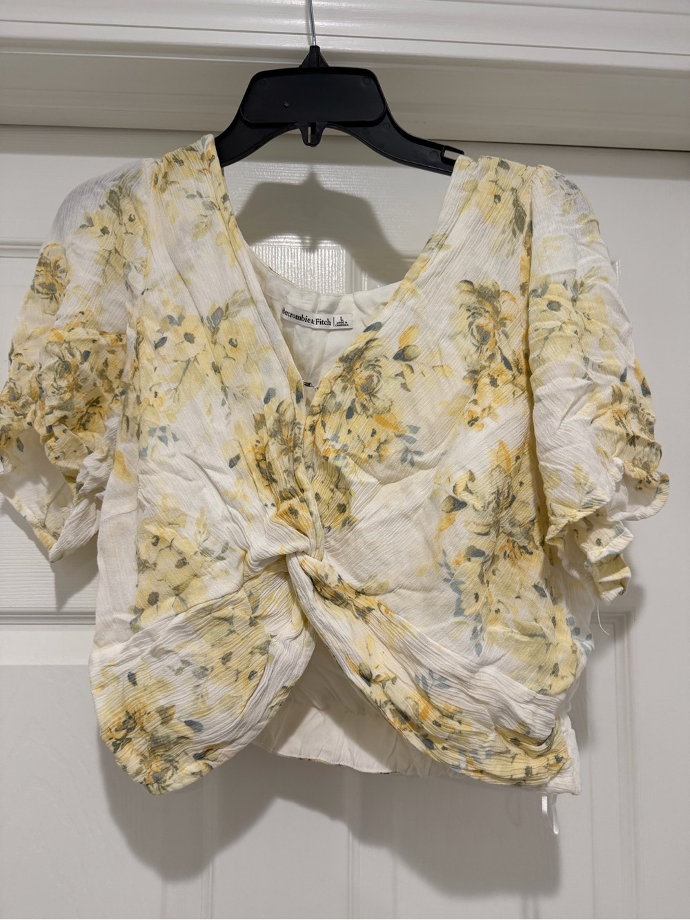 Abercrombie & Fitch White and Yellow Floral Twist-Front Crop Top